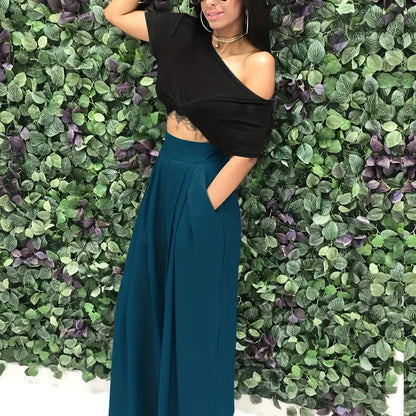 Loose Straight Flare Pants, Casual Pocket High Waist Solid Wide Leg Fashion Comfy Pants, Women's Clothing Good Vibrations