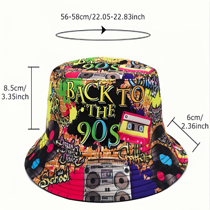 1pc Trendy Unisex Sunshade Bucket Hat with 90s Print - Double-Sided for Outdoor Beach - Great Gift Idea Good Vibrations