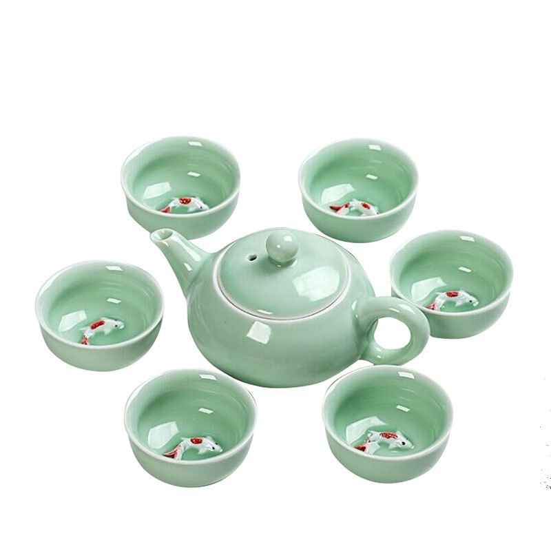 Dehua celadon kung fu tea set, carp pattern ceramic teapot set, a complete set of tea gifts, business event gift set, portable tea set gift box. Good Vibrations