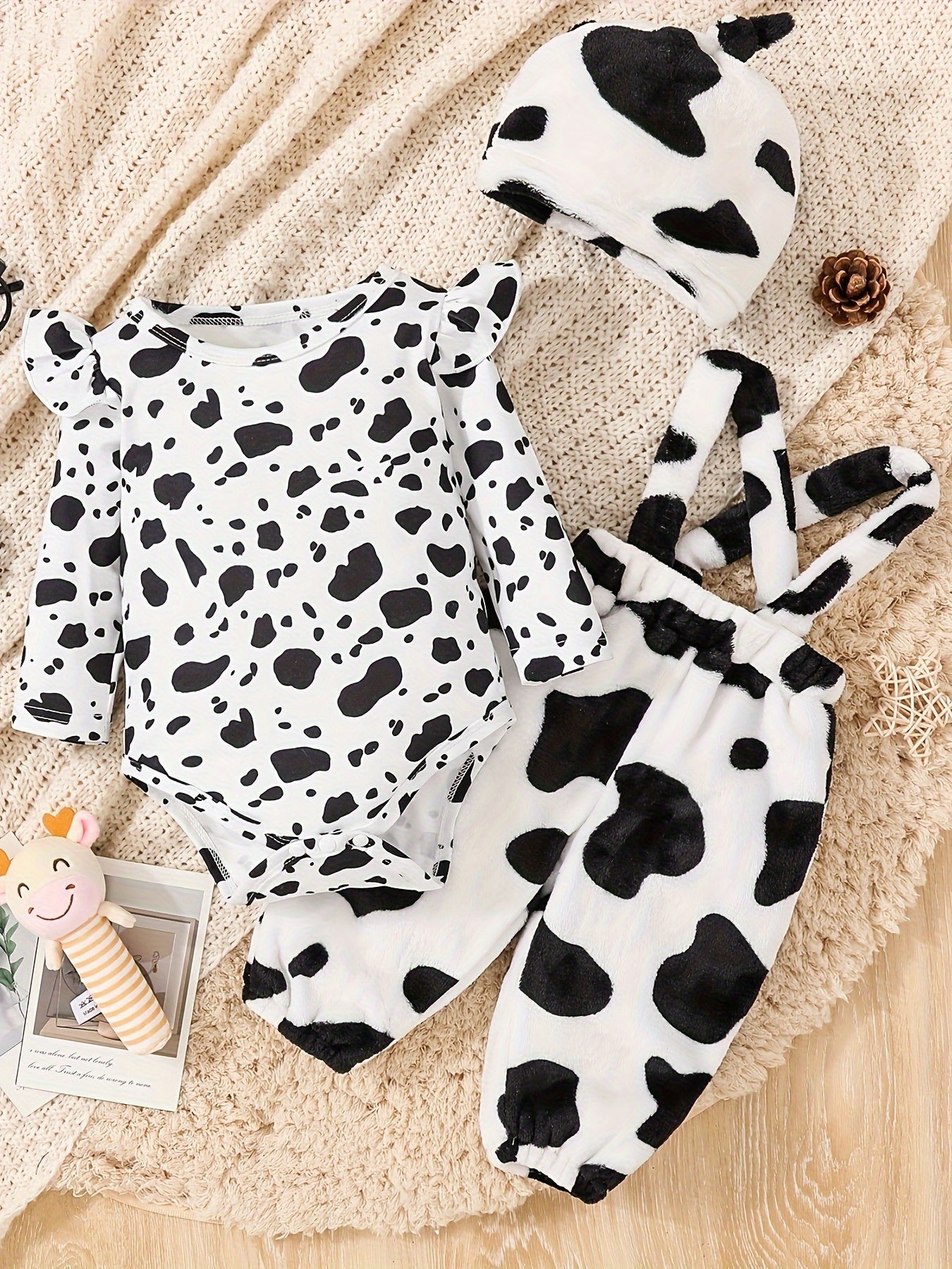 2pcs Baby's Adorable Cow Pattern Ruffled Bodysuit + Hat + Jumpsuit, Toddler & Infant Girl's Clothing Set For Spring Fall Good Vibrations