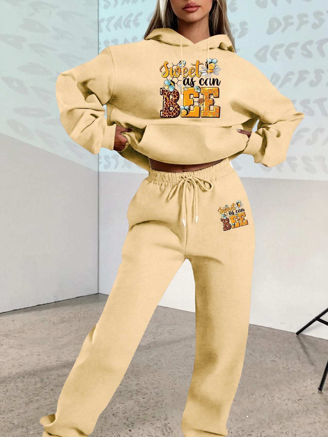 2025 Autumn Winter New Arrival, Sweet Cool Long Neck Deer Pattern Suit, Casual Letter Print Loose Warm Long Sleeve Hooded Sweatshirt with Elastic Drawstring Waist Pants Two-Piece Set, Women Two-piece Set Large Size Striped Ch Good Vibrations