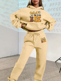 2025 Autumn Winter New Arrival, Sweet Cool Long Neck Deer Pattern Suit, Casual Letter Print Loose Warm Long Sleeve Hooded Sweatshirt with Elastic Drawstring Waist Pants Two-Piece Set, Women Two-piece Set Large Size Striped Ch Good Vibrations