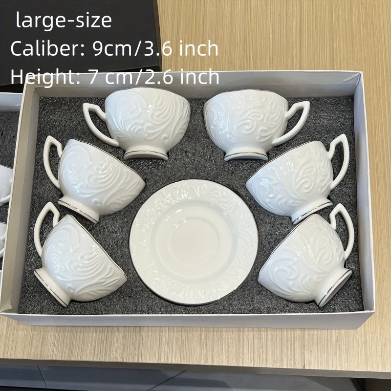 Luxury Floral Embossed Golden-Trimmed Tea Set - 6 Ceramic Cups & Saucers, Microwave Safe, Perfect for Afternoon Tea, Desserts & Gifts Good Vibrations