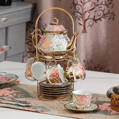 14-Piece European Ceramic Tea Set with Metal Stand, Elegant Floral Design, Holiday Theme for Afternoon Tea & Gift Giving Good Vibrations