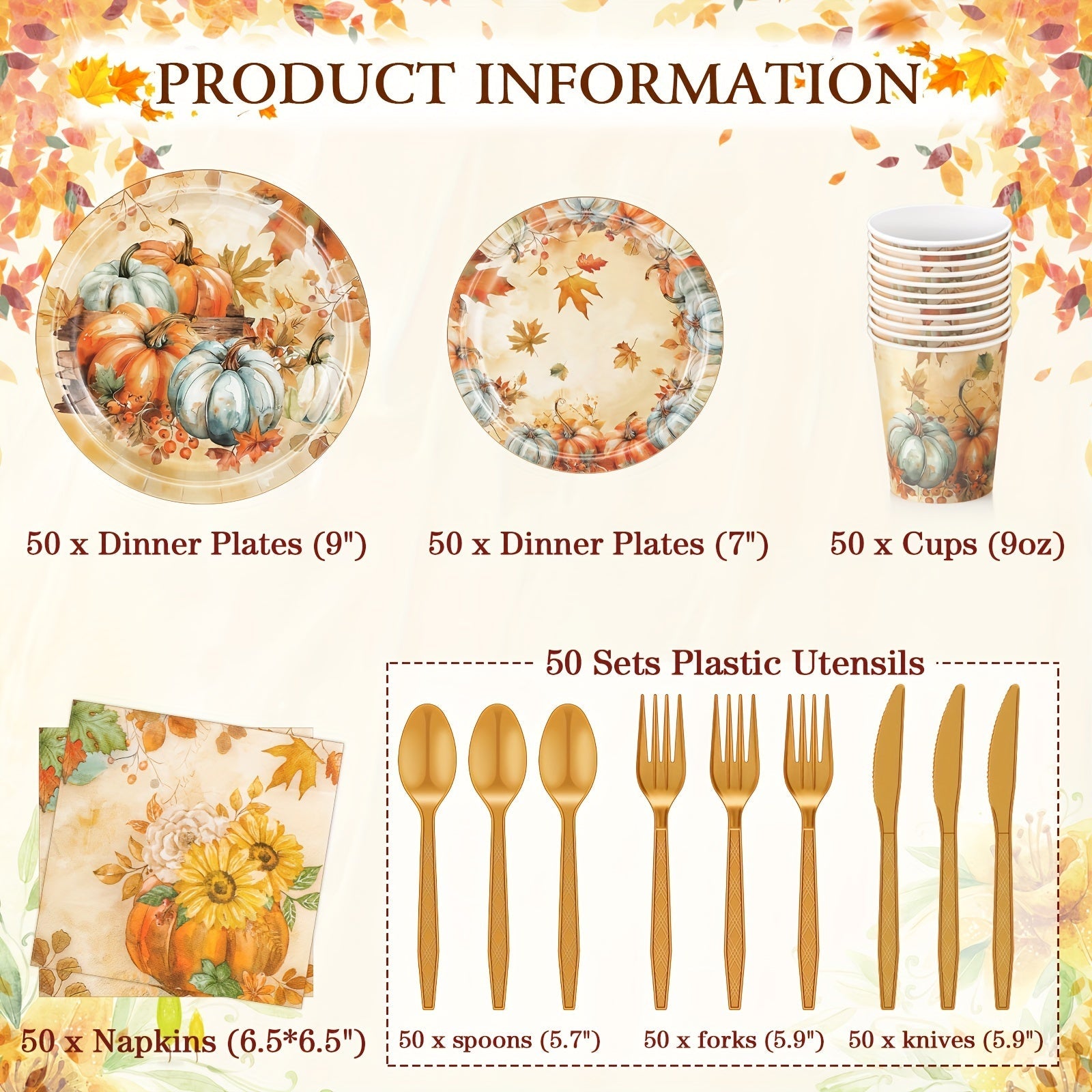 350 Pcs Fall Thanksgiving Party Supplies Maple Leaf Pumpkin Tableware Set Disposable Plates Napkins Paper Cups Plastic Cutlery for Autumn Thanksgiving Party Decor Serves 50 (Pumpkin) Good Vibrations