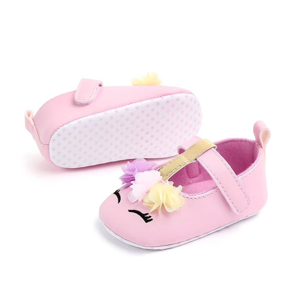 Adorable Baby Girls Cartoon Unicorn Crib Shoes - Flexible Fabric Sole, Hook-and-Loop Fastener, Mesh Flower Embellishment, Breathable for Spring and Autumn Walking Good Vibrations