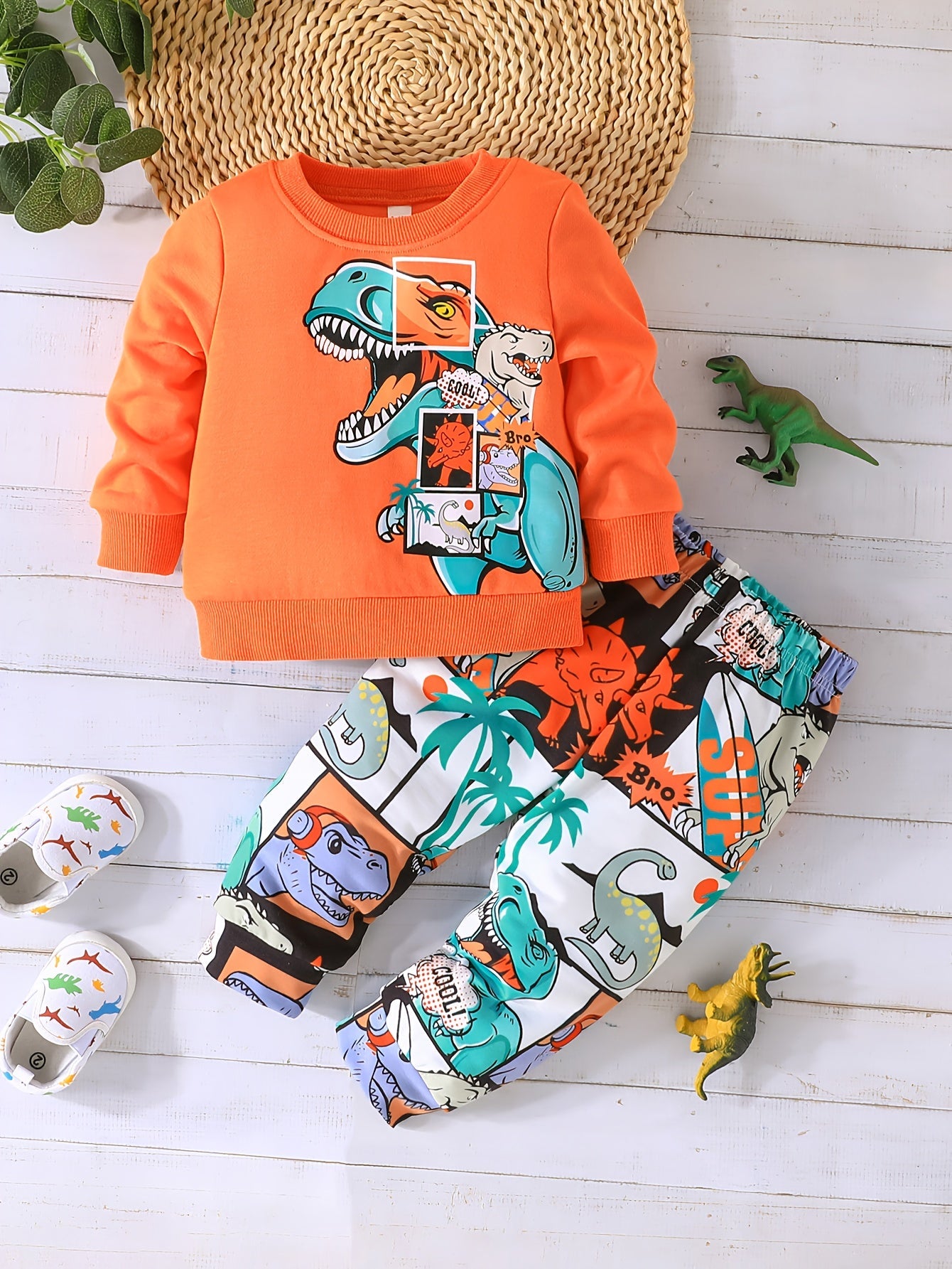 2pcs Baby's Cartoon Dinosaur Comics Print Sweatshirt & Casual Pants, Toddler & Infant Boy's Clothing Set, Outdoor Cloth Good Vibrations