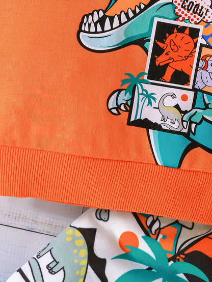 2pcs Baby's Cartoon Dinosaur Comics Print Sweatshirt & Casual Pants, Toddler & Infant Boy's Clothing Set, Outdoor Cloth Good Vibrations