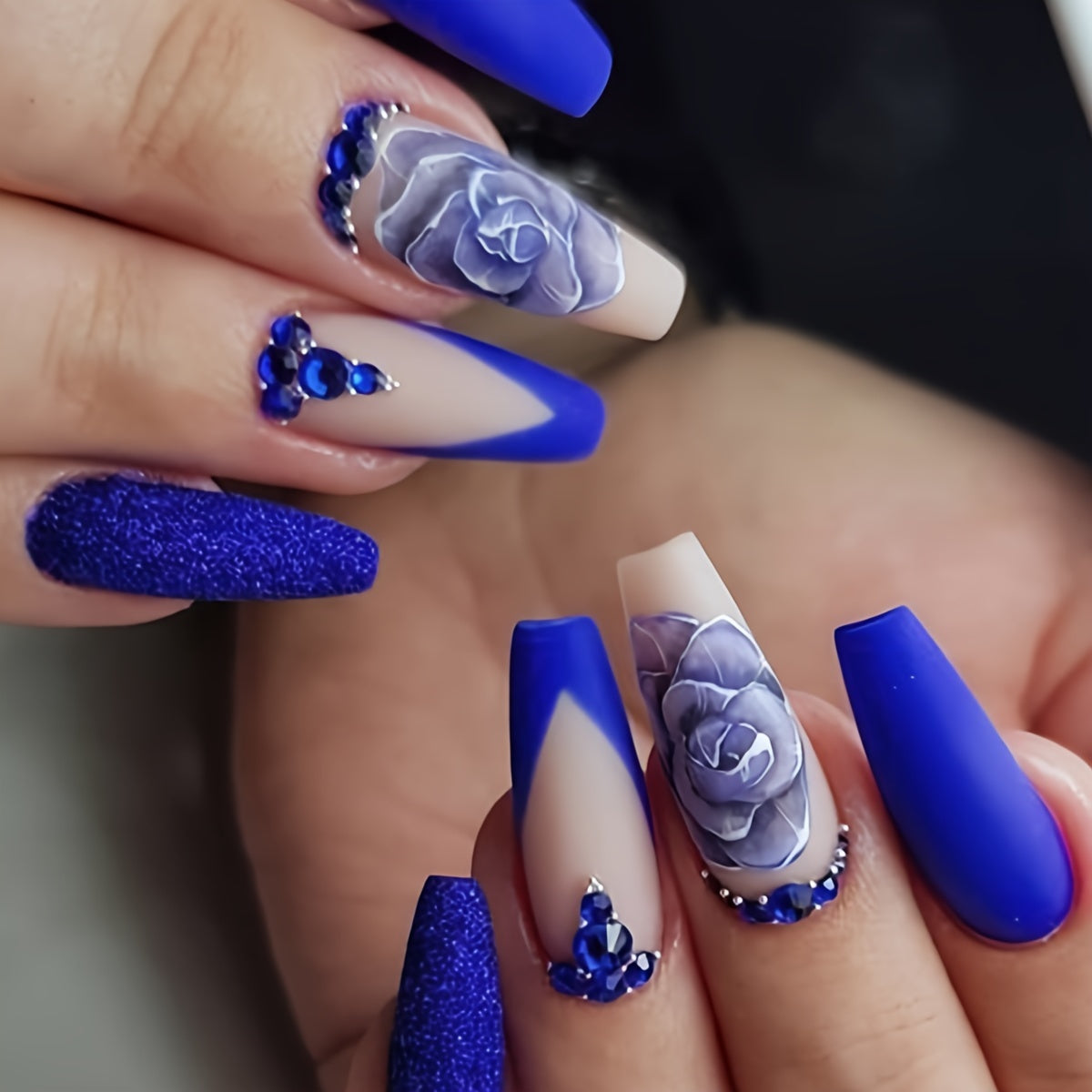 24-Piece Blue Flower Nail Tips Set with Ballet Shape, Middle Length, Glitter Pattern, Matte Finish, and Jelly Glue + Nail File - Press-On Ballet Nails with Floral Design and Glitter Accents Good Vibrations
