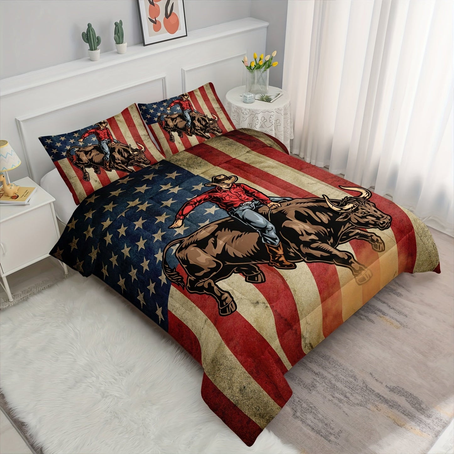 3pcs American Flag Comforter Set, Cowboy Riding Bull Bedding Set, American Flag Bedding Racing Bull, Western Cowboys Cowgirls Quilt Set with 1 Comforter 2 Pillowcases for Women Men Adults Room Decor, Soft Breathable, 100% Pol Good Vibrations