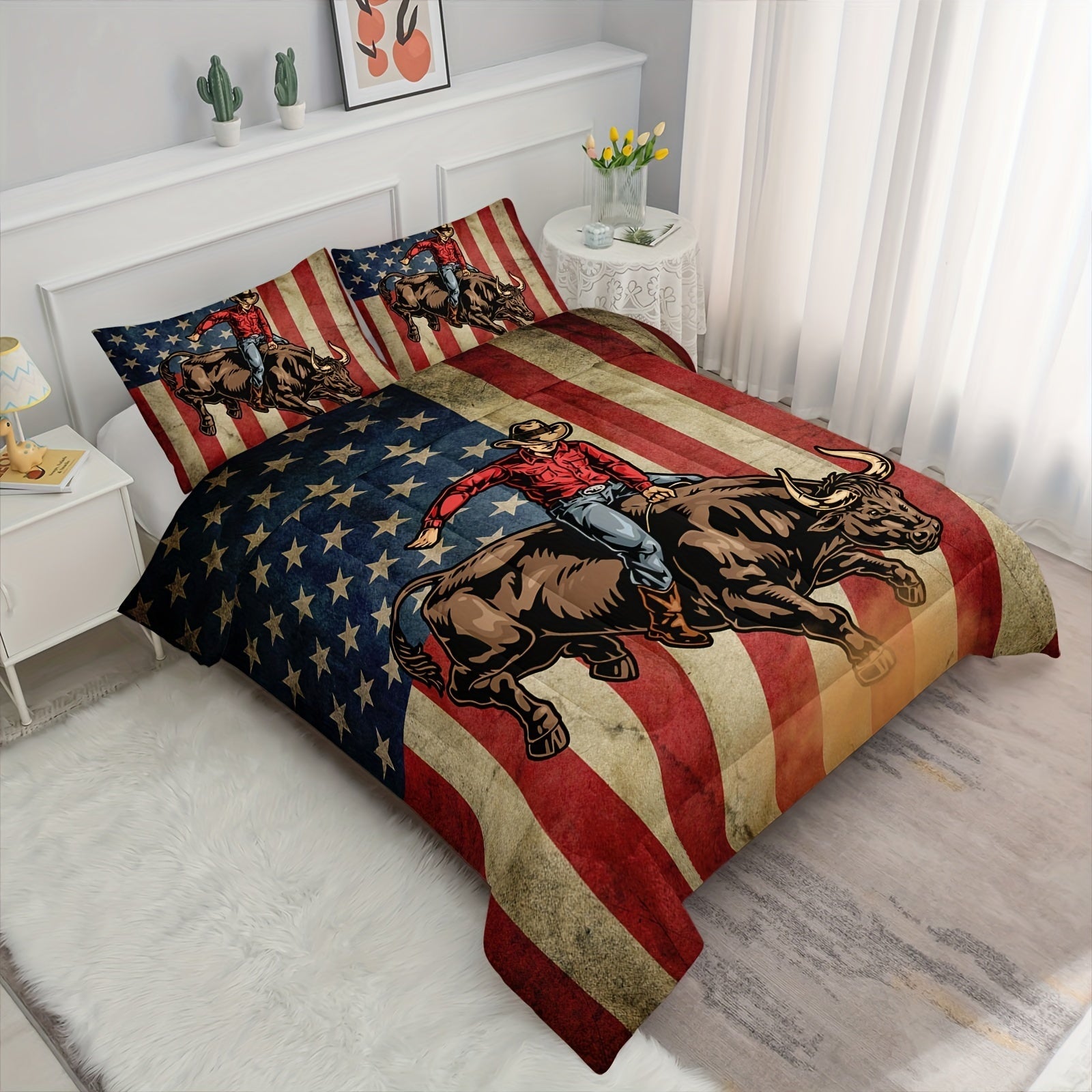 3pcs American Flag Comforter Set, Cowboy Riding Bull Bedding Set, American Flag Bedding Racing Bull, Western Cowboys Cowgirls Quilt Set with 1 Comforter 2 Pillowcases for Women Men Adults Room Decor, Soft Breathable, 100% Pol Good Vibrations