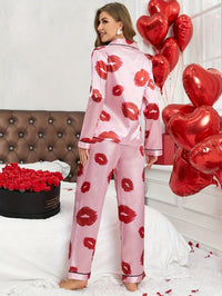 Lipprint printed women's satin pajamas, long sleeved pants, sexy home clothing set Good Vibrations