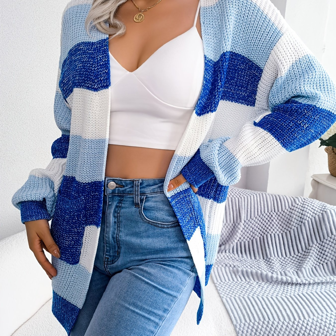 Striped Colorblock V-neck Cardigans, Casual Loose Drop Shoulder Long Sleeve Fall Winter Knit Cardigan, Women's Clothing Good Vibrations