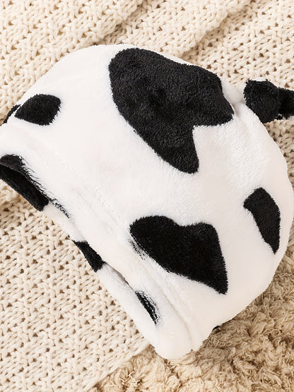 2pcs Baby's Adorable Cow Pattern Ruffled Bodysuit + Hat + Jumpsuit, Toddler & Infant Girl's Clothing Set For Spring Fall Good Vibrations