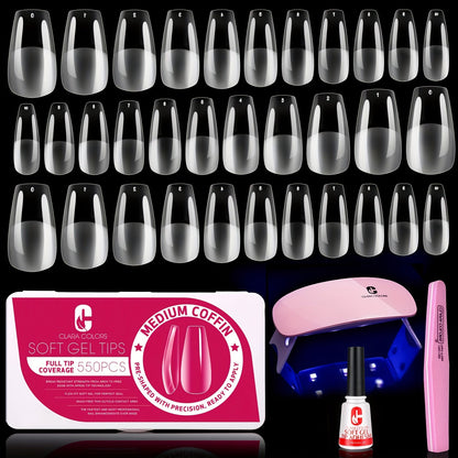 Clara Colors Nail Tips And Glue Gel Kit, 550pcs Soft Gel Full Cover Nails Tips And Nail Glue Kit Good Vibrations
