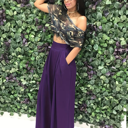 Loose Straight Flare Pants, Casual Pocket High Waist Solid Wide Leg Fashion Comfy Pants, Women's Clothing Good Vibrations