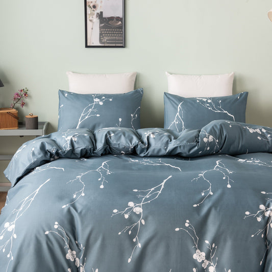 Plum Blossom Duvet Cover Twin Blue Comforter Set Soft Hotel 2/3PCS Microfiber Lightweight Soft White Floral Blue Set with Zipper Closure Good Vibrations