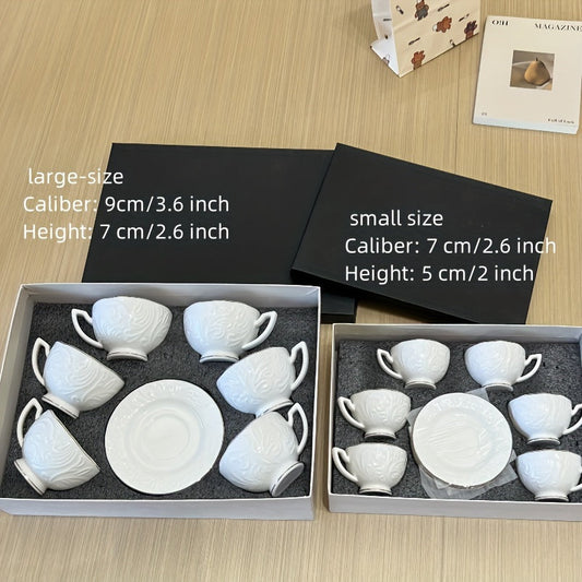 Luxury Floral Embossed Golden-Trimmed Tea Set - 6 Ceramic Cups & Saucers, Microwave Safe, Perfect for Afternoon Tea, Desserts & Gifts Good Vibrations