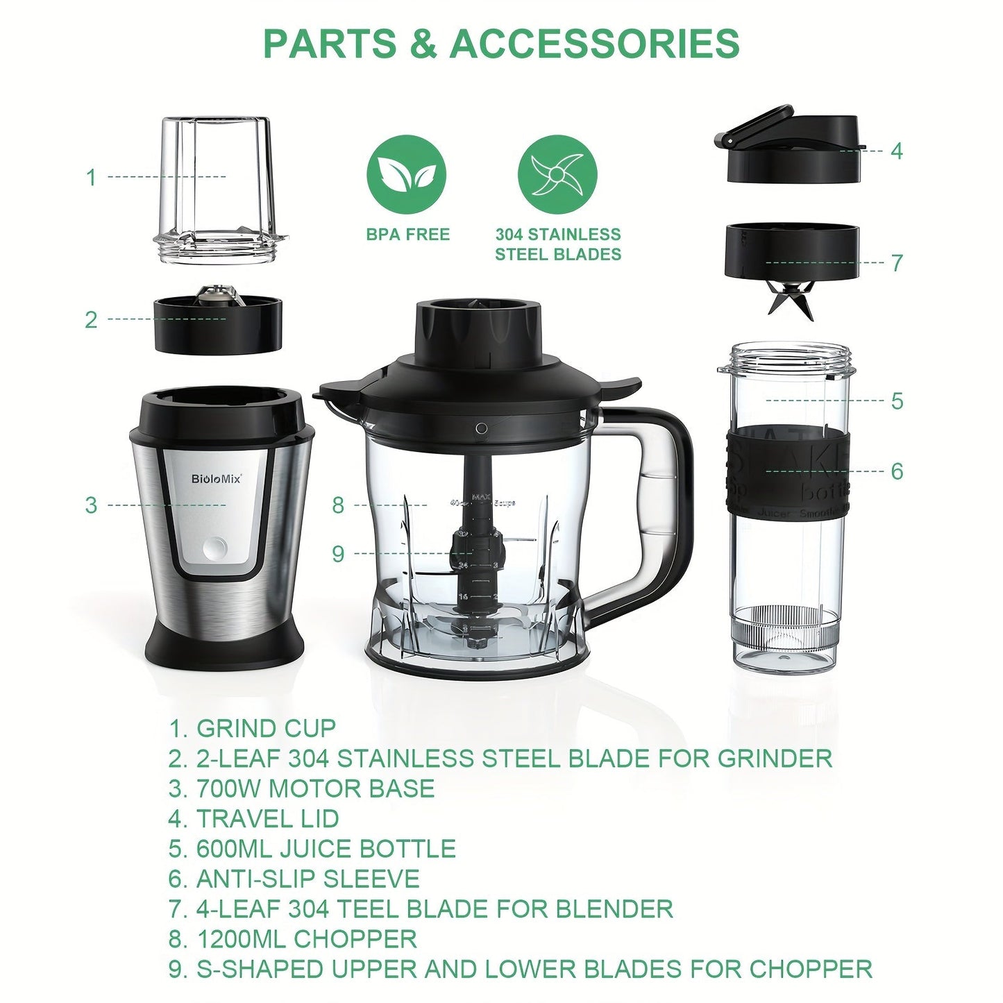 BioloMix 700W High-Speed Blender - 3-in-1 Smoothie Maker, Food Processor & Grinder Good Vibrations