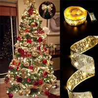 78.74/196.85/393.7inch Golden And Silver Christmas Ribbon Fairy Lights, With Ribbon Bows And Butterfly Decorations, For Garden Home, Living Room, Halloween, Christmas, Wedding Decoration, Christmas Tree Decoration, Novel Ligh Good Vibrations