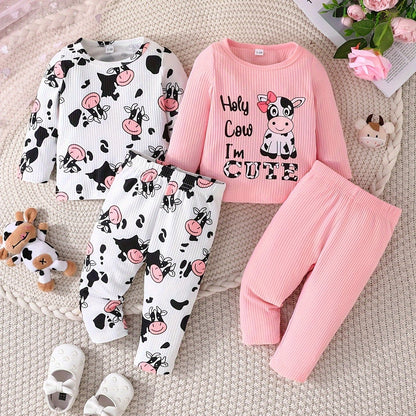 2 Sets Toddler & Infant Girl's Cartoon Cow Pattern Long Sleeve T-shirt + Casual Pants Clothing Set for Outdoor Good Vibrations