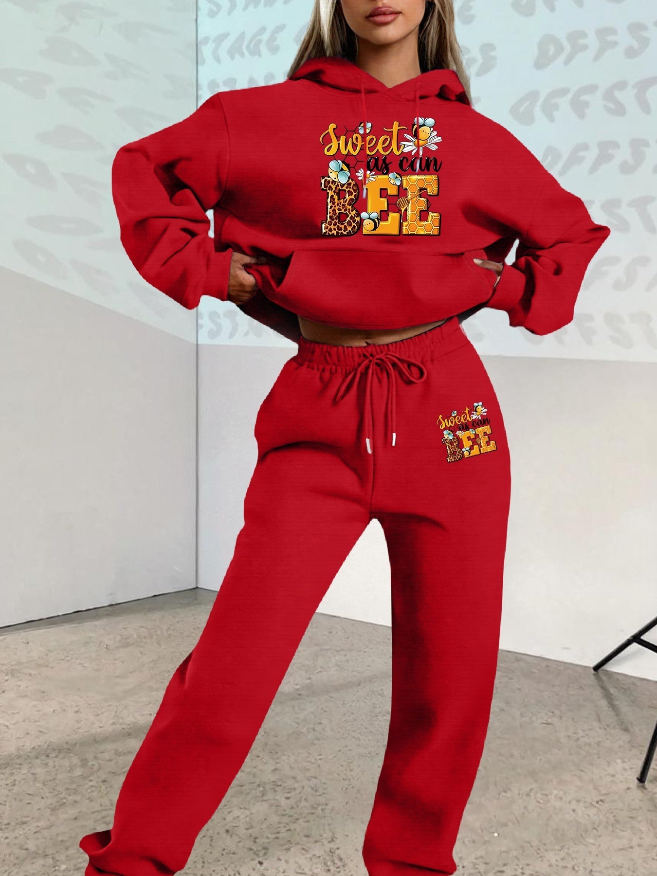 2025 Autumn Winter New Arrival, Sweet Cool Long Neck Deer Pattern Suit, Casual Letter Print Loose Warm Long Sleeve Hooded Sweatshirt with Elastic Drawstring Waist Pants Two-Piece Set, Women Two-piece Set Large Size Striped Ch Good Vibrations