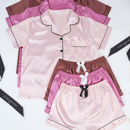 Three Sets of Satin Outfits. Short-Sleeved Collared Tops And Elastic Waistband Shorts, Suitable for Women'S Sleepwear And Loungewear, Women Short And Top Set, Short And Top Set Women, Women Short Set, Loungewear Women Set, Sh Good Vibrations