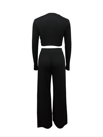 Two-piece Long Sleeve & Long Length Solid Casual Crew Neck Outfits, Women's Clothing Set Good Vibrations