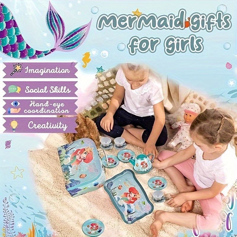 Playful, Enchanting Mermaid Tea Party Set for Girls - 19pcs Tin Tea & Carrying Case, Perfect Princess Kitchen Play Toys for Ages 3-6, Ideal Birthday Gift Good Vibrations