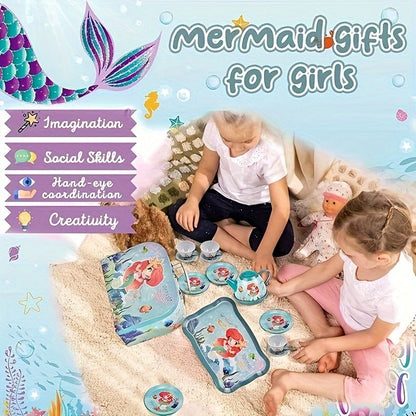 Playful, Enchanting Mermaid Tea Party Set for Girls - 19pcs Tin Tea & Carrying Case, Perfect Princess Kitchen Play Toys for Ages 3-6, Ideal Birthday Gift Good Vibrations