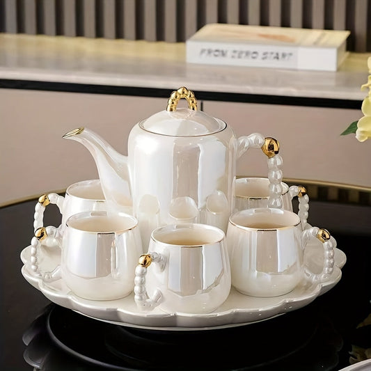 Elegant European Pearl Glazed Porcelain Tea Set - Perfect for Daily Life: Includes Pearl White Porcelain Teapot, Sugar Milk Oil Teapot, and 6 Exquisite Tea Cups. Suitable for Christmas and Thanksgiving Holidays. Good Vibrations