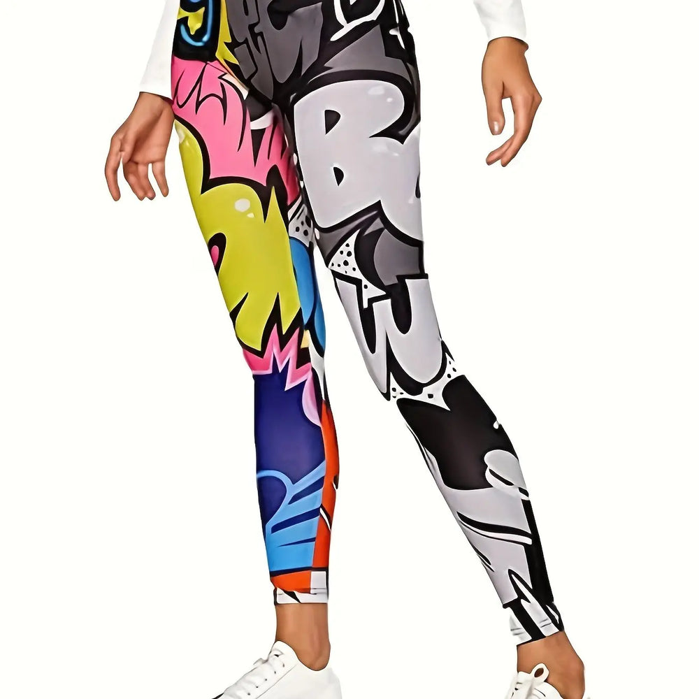 Comic Allover Print Wide Waistband Leggings - Casual Skinny Slim Stretchy Leggings - Polyester & Spandex Blend - For Women - Perfect for Casual Wear, Yoga, & Loungewear - Great Gift for Comic Book Fans Good Vibrations