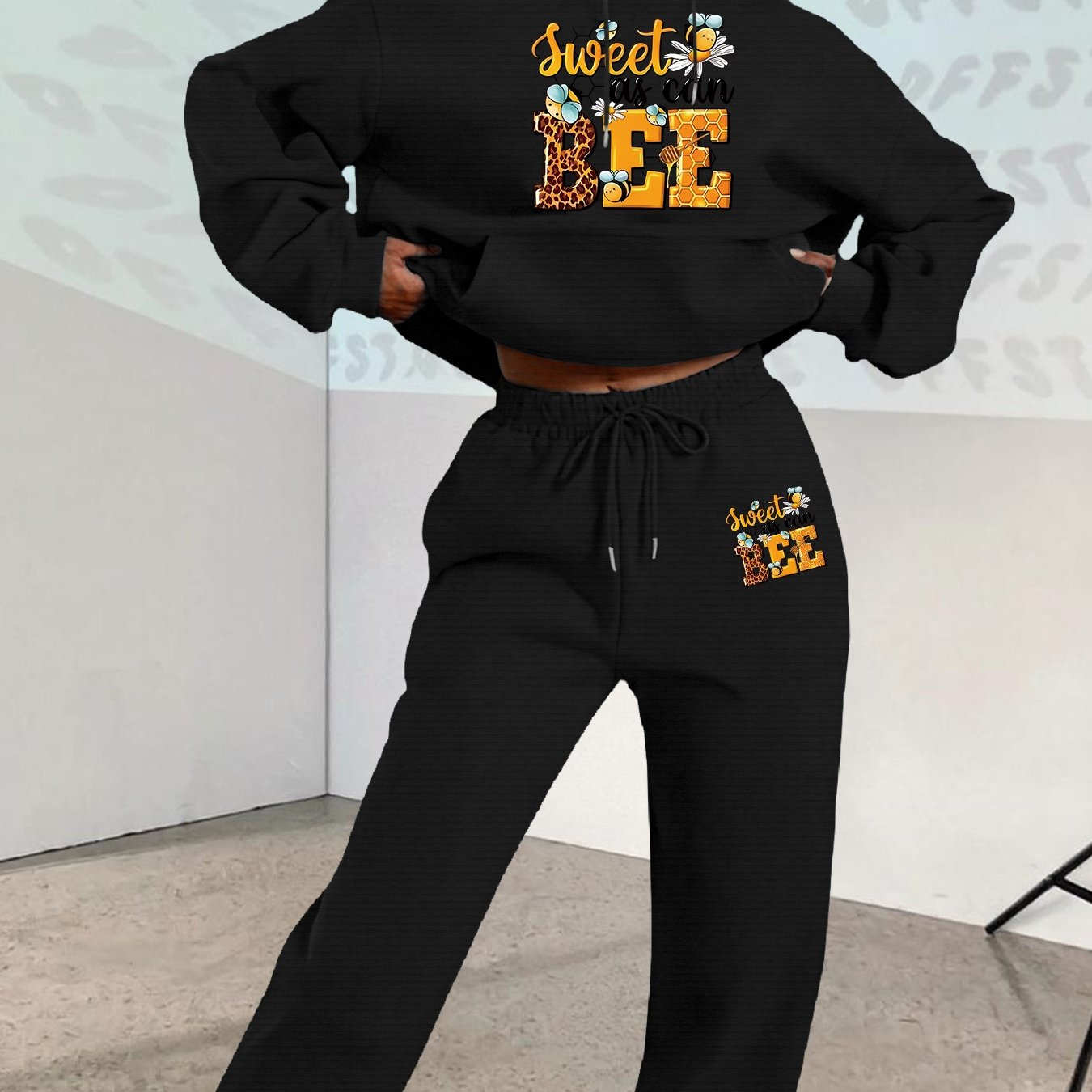 2025 Autumn Winter New Arrival, Sweet Cool Long Neck Deer Pattern Suit, Casual Letter Print Loose Warm Long Sleeve Hooded Sweatshirt with Elastic Drawstring Waist Pants Two-Piece Set, Women Two-piece Set Large Size Striped Ch Good Vibrations