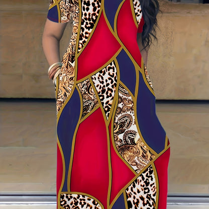 [Tie Dye Maxi Dress] Elegant Plus Size Maxi Dress | Women's Tie Dye Print Short Sleeve with Pocket, Medium Stretch Long Dress Good Vibrations