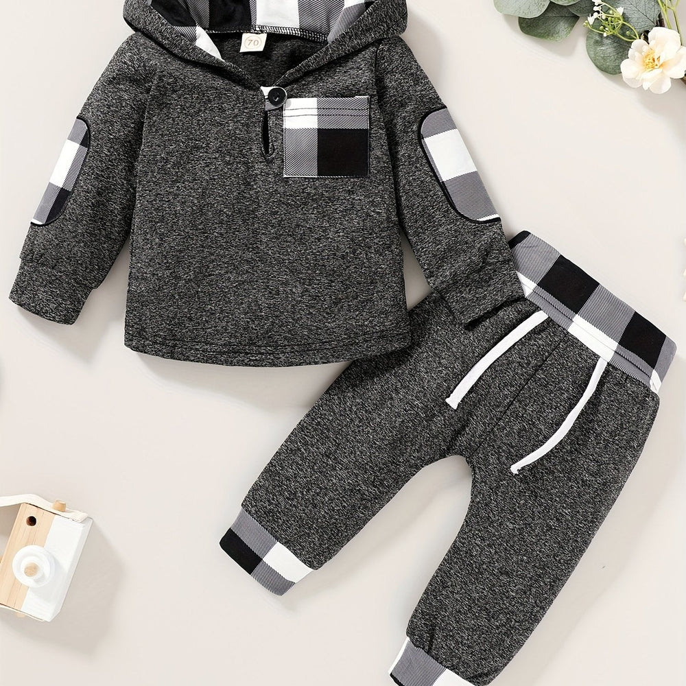 2pcs Baby's Plaid Pattern Splicing Hoodie & Casual Pants, Toddler & Infant Boy's Clothing Set For Spring Fall Good Vibrations