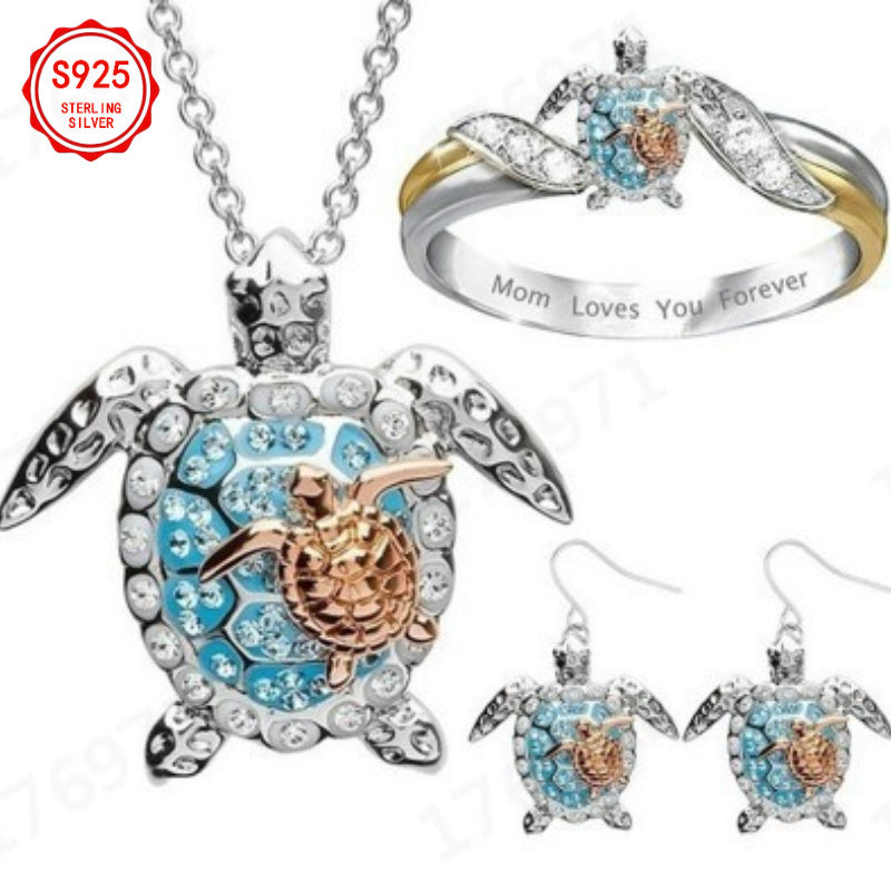 EJG Women'S Turtle Jewelry Set 925 Sterling Silver Moissanite Necklace Earrings Ring Beach Style Vacation Everyday Layered Dainty Gift for Her, Jewelry for Women Set High Quality, Set Jewelry for Women, Holiday Accessory, Gif Good Vibrations