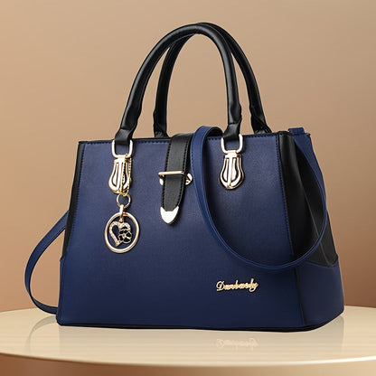 Women's Letter Detail Shoulder Bag, Elegant Double Handle Purse, Simple Large Handbag For Work Good Vibrations