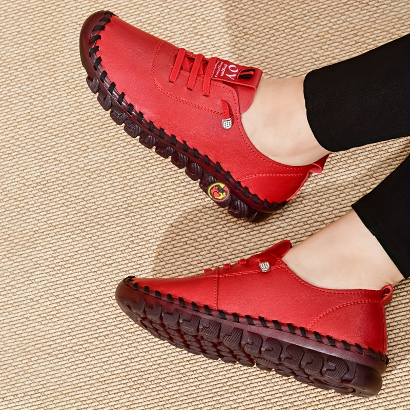 Women's Beige & Burgundy Round-Toe Casual Shoes - All-Season Synthetic Cover-like Upper with Cushioned PVC Sole, Round-Toe Walking Shoes for Square Dance, Dance Practice, Daily Wear - Comfortable Dress Footwear (Hand Washable Good Vibrations