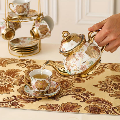 1set Ceramic Tea Set, European Style Afternoon Tea Set, With Metal Tea Set Holder, Blooming Tea Set, Tea Accessories, Gift For Tea Lover Good Vibrations