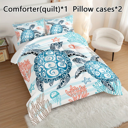 3pcs Modern Fashion Polyester Comforter Set (1*Comforter + 2*Pillowcase, Without Core), Cute Turtle, Starfish, And Jellyfish Print Bedding Set, Soft Comfortable And Skin-friendly Comforter For Bedroom, Guest Room Good Vibrations