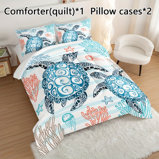 3pcs Modern Fashion Polyester Comforter Set (1*Comforter + 2*Pillowcase, Without Core), Cute Turtle, Starfish, And Jellyfish Print Bedding Set, Soft Comfortable And Skin-friendly Comforter For Bedroom, Guest Room Good Vibrations