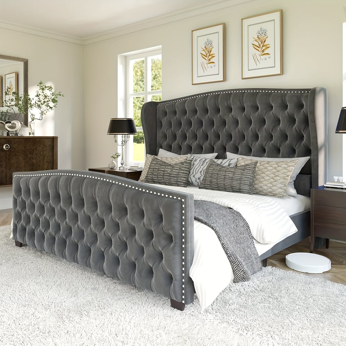 Luxurious Velvet Upholstered Platform Bed Frame with Deep Button Tufted Wingback Headboard & Nailhead Trim - No Box Spring Required, Sturdy Hardwood & High-Density Fiberboard Construction, Easy Assembly Modern Bedroom Furnitu Good Vibrations