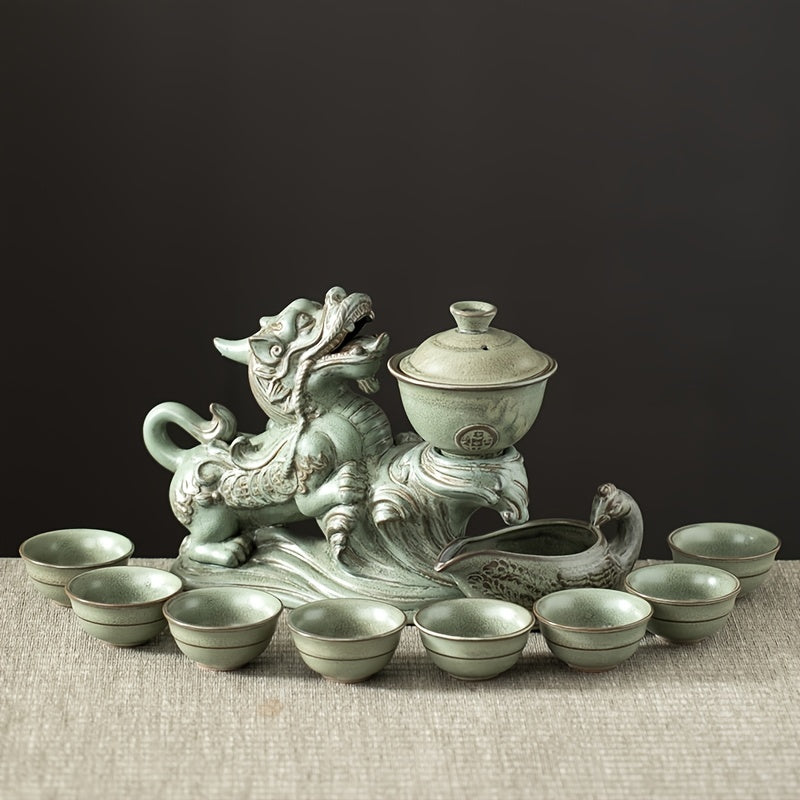 1 Set Lazy Tea Set, Magnetic Water Diversion Rotating Gaiwan, Tea Maker, Automatic Brave Troops Retro Teapot, Tea Cups, Cover Bowl, Rectangular Tea Tray, Chinese Kung Fu Tea Set, For Home Living Room Office, Gift Good Vibrations