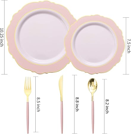 30Guest Pink Plates Disposable - Hign-End Baroque Design - Gold Plastic Silverware With Handle-Baroque Pink &Gold Plastic Good Vibrations