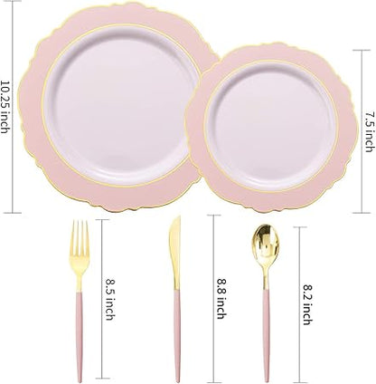 30Guest Pink Plates Disposable - Hign-End Baroque Design - Gold Plastic Silverware With Handle-Baroque Pink &Gold Plastic Good Vibrations
