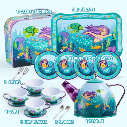 35pcs Mermaid Tea Party Set for Kids, Dress Up & Pretend Play, Pretend Tin Teapot Set, Princess Tea Time Play Kitchen Toy with Dessert, Doughnut, Carrying Case Birthday Easter Gifts for Toddlers Good Vibrations