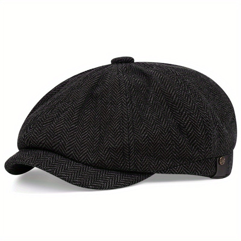 Men&Apos;S Retro Herringbone Flat Cap - Black Casual Beret with Vintage Style, Knitted Polyester, Perfect for Valentine&Apos;S Day, Everyday Headwear | Vintage Flat Cap | Knitted Texture Good Vibrations