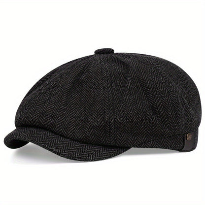 Men&Apos;S Retro Herringbone Flat Cap - Black Casual Beret with Vintage Style, Knitted Polyester, Perfect for Valentine&Apos;S Day, Everyday Headwear | Vintage Flat Cap | Knitted Texture Good Vibrations