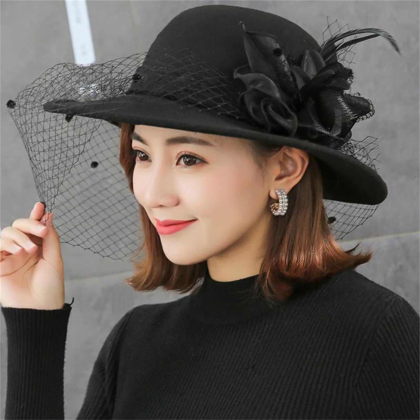 Women's Wide Brim Fedora Hat with Black Lace Veil & Floral Decor - Non- Derby Cap for Church, Bridal Tea Party, Formal Events Good Vibrations