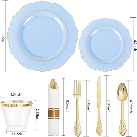 350Pcs Bule Plastic Plates - Disposable Bule And Gold Plates 50Guest Baroque Plastic Dinnerware Lude 100Plates, 50Pa Pre Rolled Good Vibrations